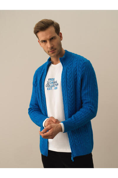 Xint Erkek Mavi Regular Fit Örgülü Hırka