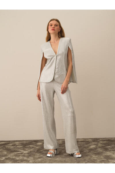 Xint Kadın Gri Oversize Simli Pelerin Ceket