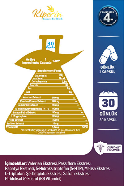 Kiperin Calm ''Relax'' Passiflora, Safran, 5-HTP, Valerian, ... 9 İçerik (30 Günlük) | Akıllı Gıda Takviyesi