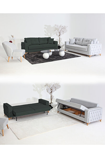 Velura Home & Living Nola Koltuk Takımı 3+3+1 & Bazalı Yataklı Koltuk & Kanep...