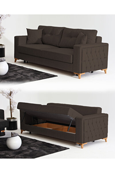 Velura Home & Living Nola Üçlü Kanepe & Bazalı Yataklı Koltuk - Keten Koyu Kahve