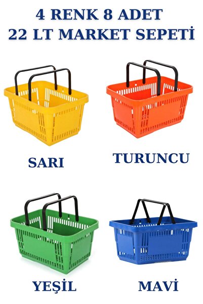 Manken İstanbul 22 Litre 4 Renk 8 Adet Market Sepeti, Alışveriş Sepeti, Saplı Market Sepeti
