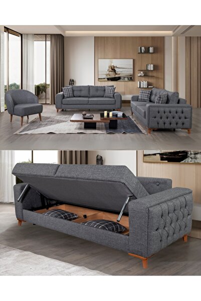 Velura Home & Living Nola Koltuk Takımı 3 3 1 1 & Bazalı Yataklı Koltuk & Kanepe - Antrasit Keten Kumaş