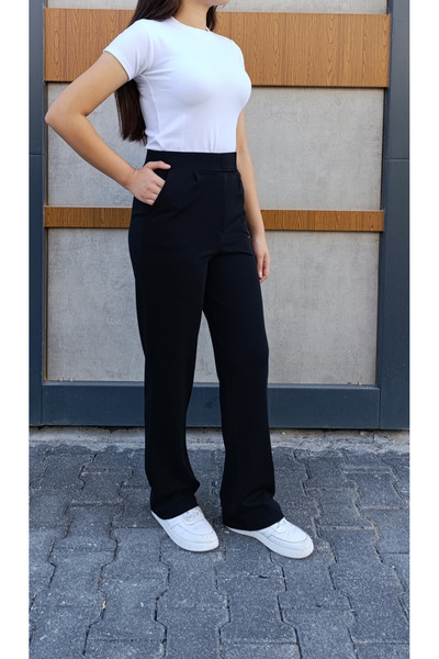 siyalife High Waist Velcro Wide Leg Black Palazzo Pants with Pockets