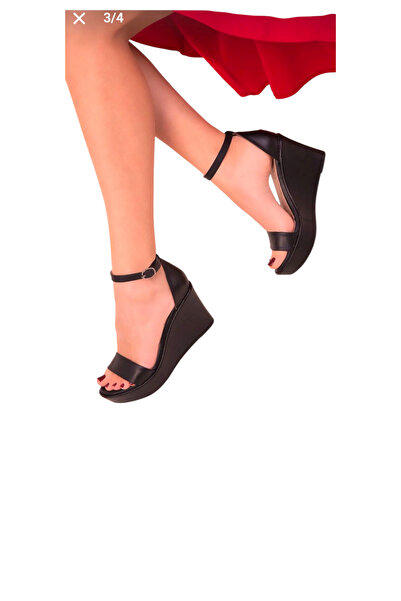 DYG STORE Black Women's Black Women's Filled Heel Shoes with Closed Back and Single Strap