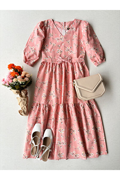 KÜÇÜĞÜM BUTİK Γυναικείο φόρεμα από ποπλίνα με διπλωμένο γιακά V με ανοιξιάτικο κλαδί