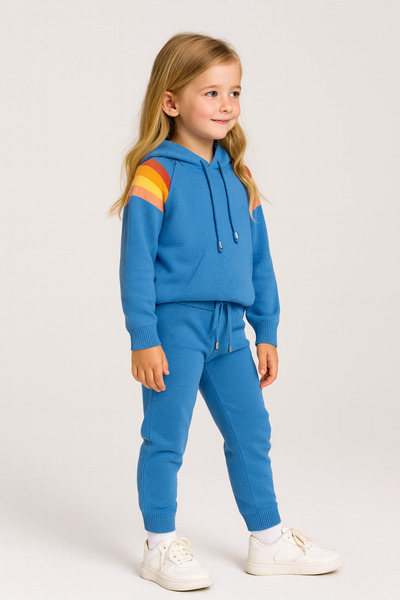 Minora Knitwear Unisex Hooded Stripe Detailed Set Blue