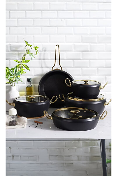 OMS 9pcs Granite Cookware set Mermaid Shape - Black Gold Color