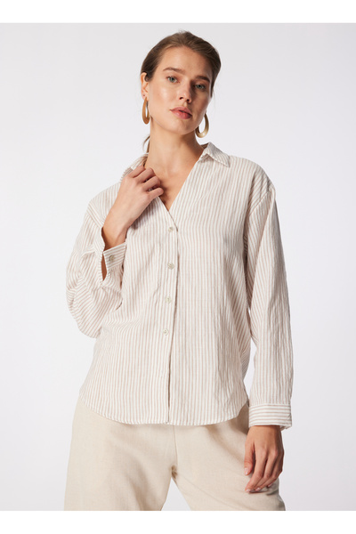 People By Fabrika Oversize Çizgili Bej Kadın Gömlek SPBF4SL-GML5585