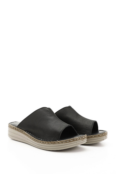 GÖNDERİ(R) Γυναικείες/Κορίτσια Μαύρες Παντόφλες Comfort Γνήσιο Δερμάτινο Σφήνα