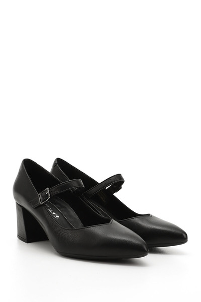 GÖNDERİ(R) Women's Black Pointed Toe Heeled Mary Jane Genuine Leather Shoes