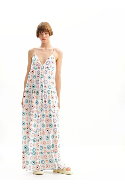 Desigual Kare Yaka Desenli Beyaz Uzun Kadın Elbise 24SWVW06