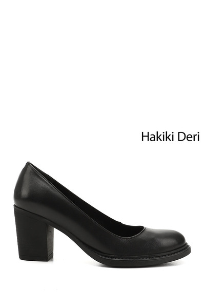 GÖNDERİ(R) Women's Black Medium Thick Heeled Genuine Leather Shoes