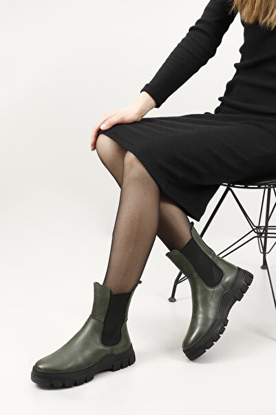 GÖNDERİ(R) Dámské/dívčí khaki plovoucí gumová podrážka Chelsea boty z pravé kůže