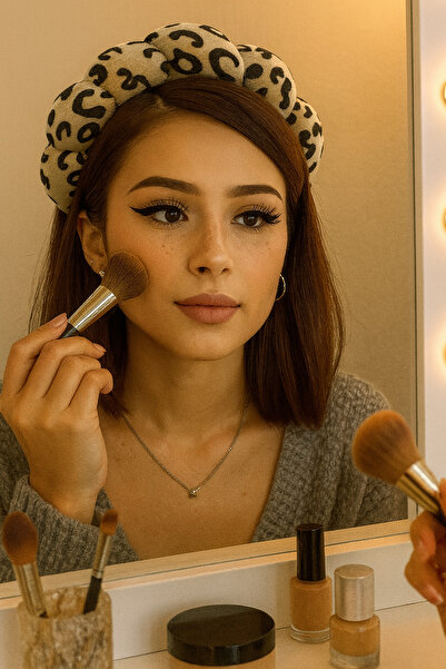 TAKIŞTIR Cream Color Leopard Print Spa Hair Band Towel Crown