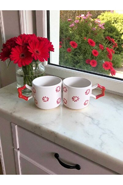 Simge Seramik 2 Pcs Handcrafted Red Flowers Embroidered Natural Ceramic Mug Mug Tea / Cappuccino Cup