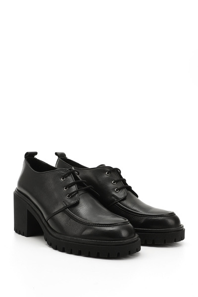 GÖNDERİ(R) Black Genuine Leather Round Toe Thick Heeled Lace up Women's Shoes 24300