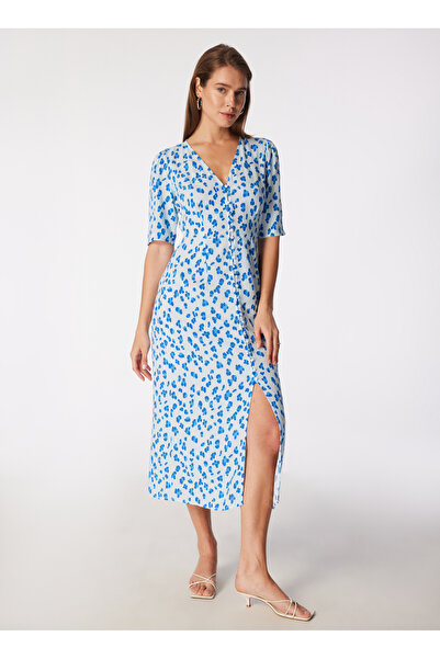 People By Fabrika V Yaka Desenli Mavi Midi Kadın Elbise SPBF4SL-ELB5508