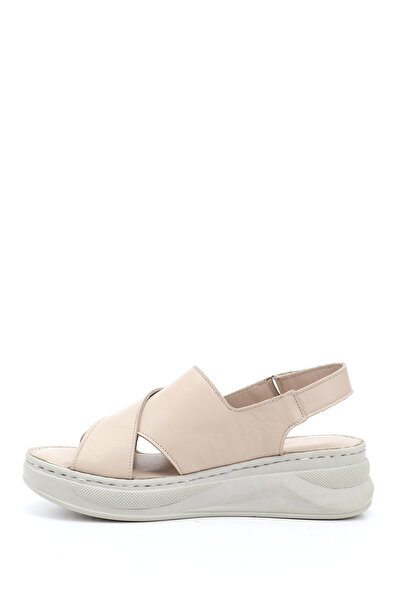 GÖNDERİ(R) Women's Beige Velcro Strap Wedge Heel Genuine Leather Comfort Sandals