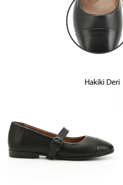 GÖNDERİ(R) Women's Black Printed Mary Jane Genuine Leather Ballerinas