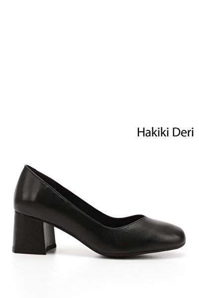GÖNDERİ(R) Women/Girls Black Blunt Toe Medium Thick Heeled Genuine Leather Shoes