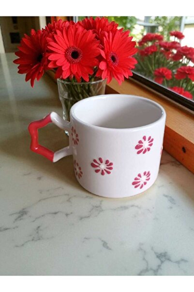 Simge Seramik Handcrafted Red Flowers Embroidered Natural Ceramic Mug Mug Tea / Cappuccino Cup