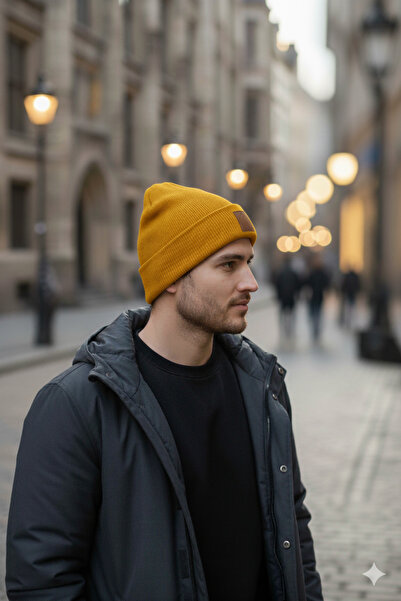 nettofit Erkek Kışlık Deri Etiket Detaylı Hardal Yün Bere