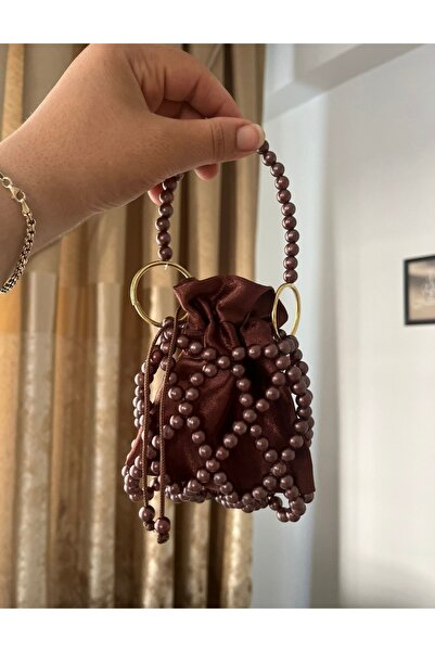 Newelry Bijuteri Keseli kahverengi inci file Çanta