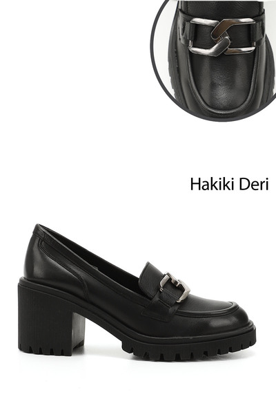 GÖNDERİ(R) Women's Black Buckle Medium Thick Heeled Genuine Leather Shoes