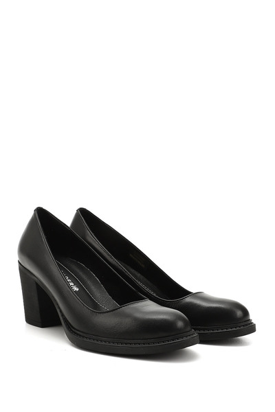 GÖNDERİ(R) Women's Black Medium Thick Heeled Genuine Leather Shoes