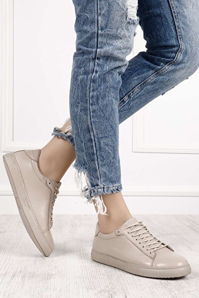 GÖNDERİ(R) Women's Beige Antique Lace-Up Thermo Sole Genuine Leather Sneakers