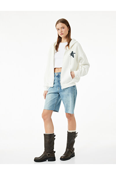 Koton Raised Kangaroo Pocket Long Sleeve Back Printed Hooded Zippered Sweatshirt