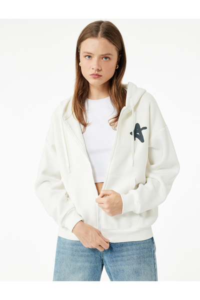 Koton Raised Kangaroo Pocket Long Sleeve Back Printed Hooded Zippered Sweatshirt