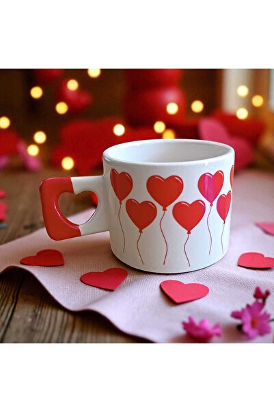 Simge Seramik Kırmızı Balon Kalpler Desenli Kalp Kulplu El Yapımı Doğal Seram...