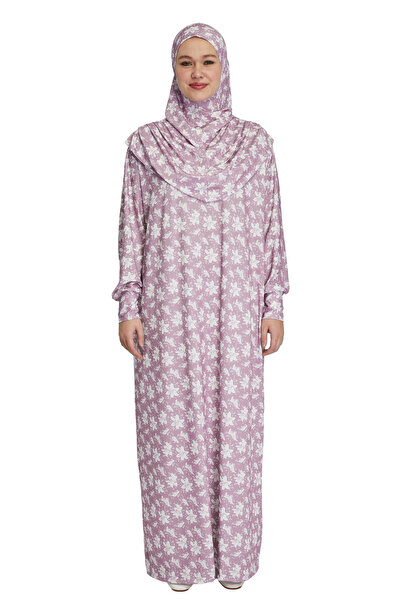 TRModam Magnolia Patterned Self Hijab Prayer Dress - Batwing Sleeves, No Zipp...