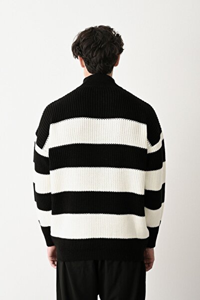 İLKCET MODA Pulover tricotat unisex - guler cu fermoar, dungi groase