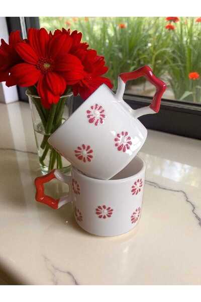 Simge Seramik 2 Pcs Handcrafted Red Flowers Embroidered Natural Ceramic Mug Mug Tea / Cappuccino Cup