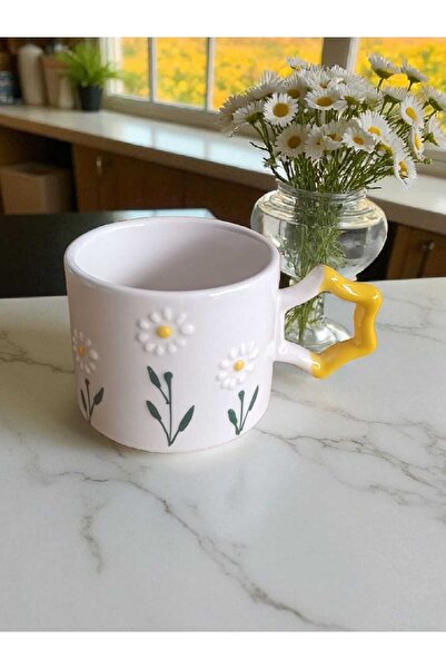 Simge Seramik Handcrafted Daisy Garden Embroidered Natural Ceramic Mug Mug Tea / Cappuccino Cup