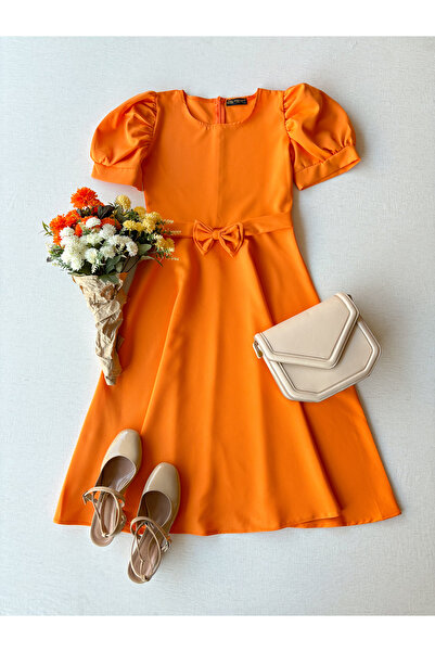 KÜÇÜĞÜM BUTİK Women's Orange Color Watermelon Sleeve Crepe Midi Length Flared Dress