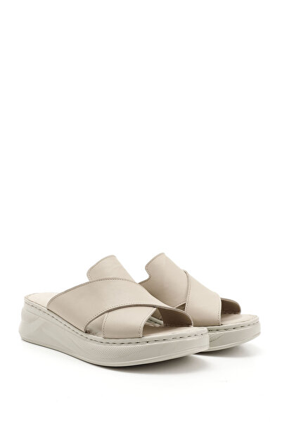 GÖNDERİ(R) Women's Beige Cross-Strapped Wedge Heel Genuine Leather Comfort Slippers
