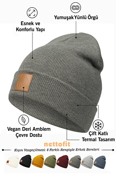 nettofit Ανδρική χειμερινή δερμάτινη ετικέτα Λεπτομερής μάλλινο μπερέ από ανθρακί