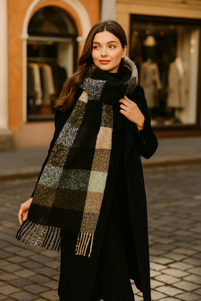 Luminos Butik Stylish Winter Scarf - Black Square Pattern, Tassel and Thick Warm Sal1292