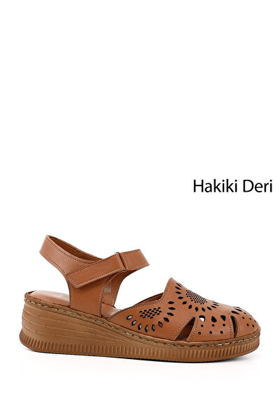 GÖNDERİ(R) Γυναικεία / Κορίτσια Tan Antique Velcro Strap Wedge Heel Σανδάλια από γνήσιο δέρμα