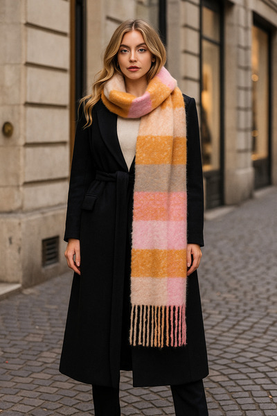 Luminos Butik Orange Plaid Patterned Furry Knitted Scarf - Orange Checkered Tasseled Sal1256