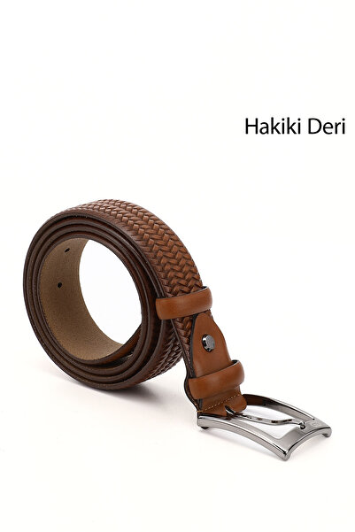 GÖNDERİ(R) Tan Antique Gön Genuine Leather Braided Patterned Men's Belt 13444