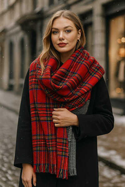 Luminos Butik New Year's Gift Women's Red Double Sided Plaid Patterned Scarf - Shawl 70X185 cm Sal1214