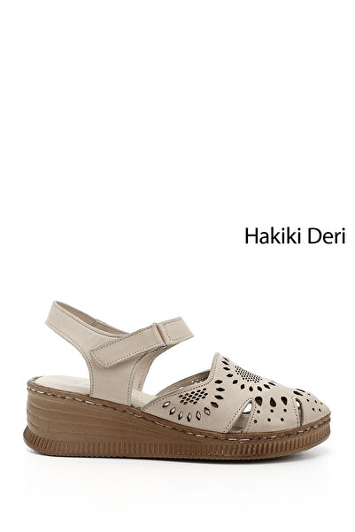 GÖNDERİ(R) Women's Beige Antique Velcro Strap Genuine Leather Wedge Sandals