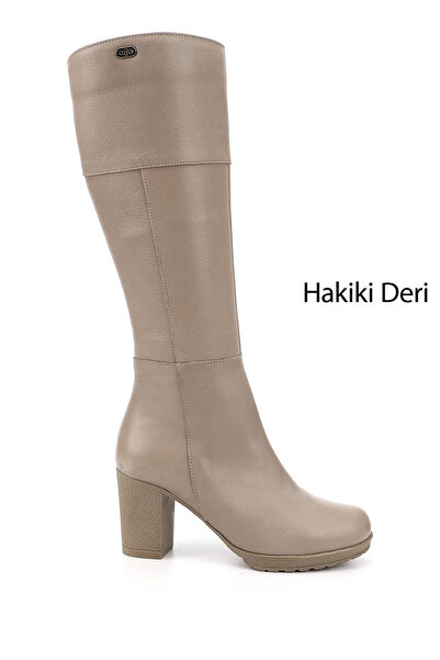 GÖNDERİ(R) Women/Girls Beige Zippered Thick Heeled Genuine Leather Boots