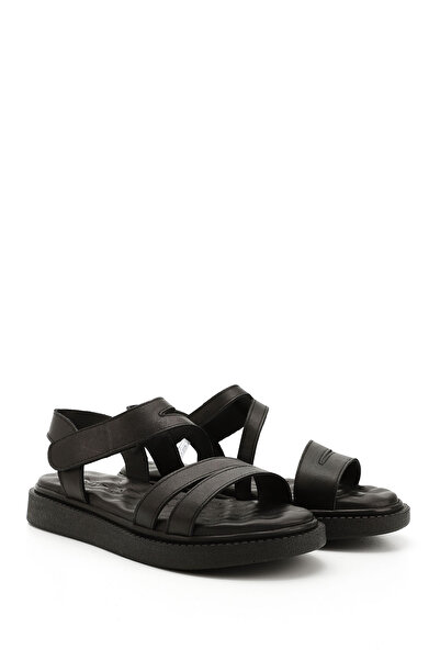 GÖNDERİ(R) Women's Black Velcro Strap Wedge Sole Genuine Leather Comfort Sandals