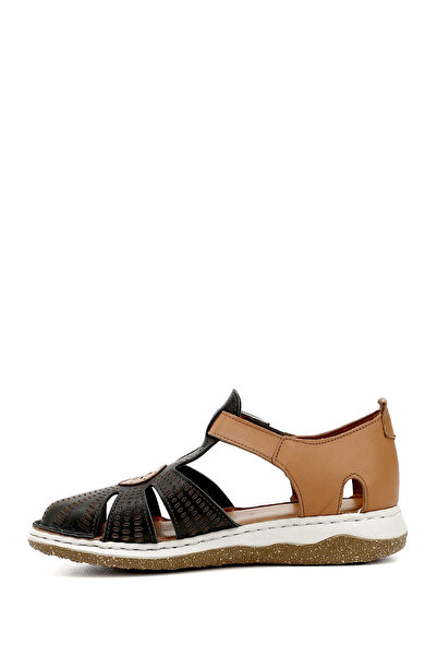 GÖNDERİ(R) Women's Black Wedge Heel Genuine Leather Sandals